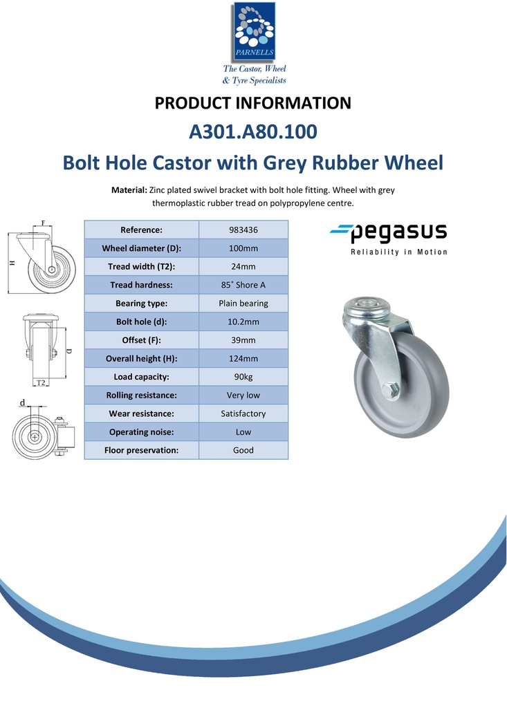 A301.A80.100 100mm swivel bolt hole 10mm castor with grey thermoplastic rubber on polypropylene centre plain bearing wheel 90kg - Spec sheet