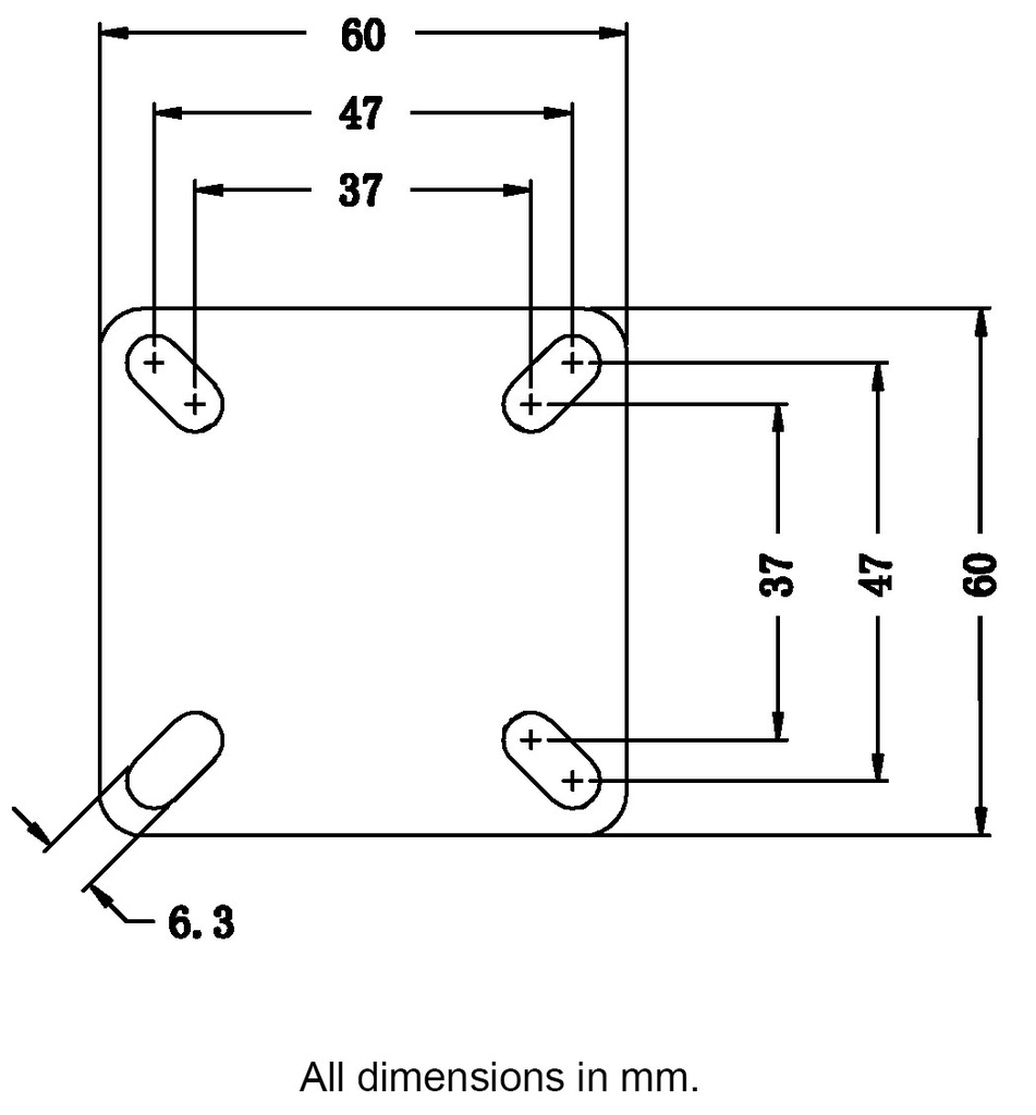 A300.A90.051 50mm swivel top plate 60x60mm castor with black polypropylene plain bearing wheel 50kg - Plate dimensions