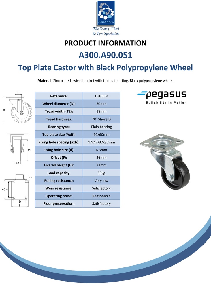 A300.A90.051 50mm swivel top plate 60x60mm castor with black polypropylene plain bearing wheel 50kg - Spec sheet