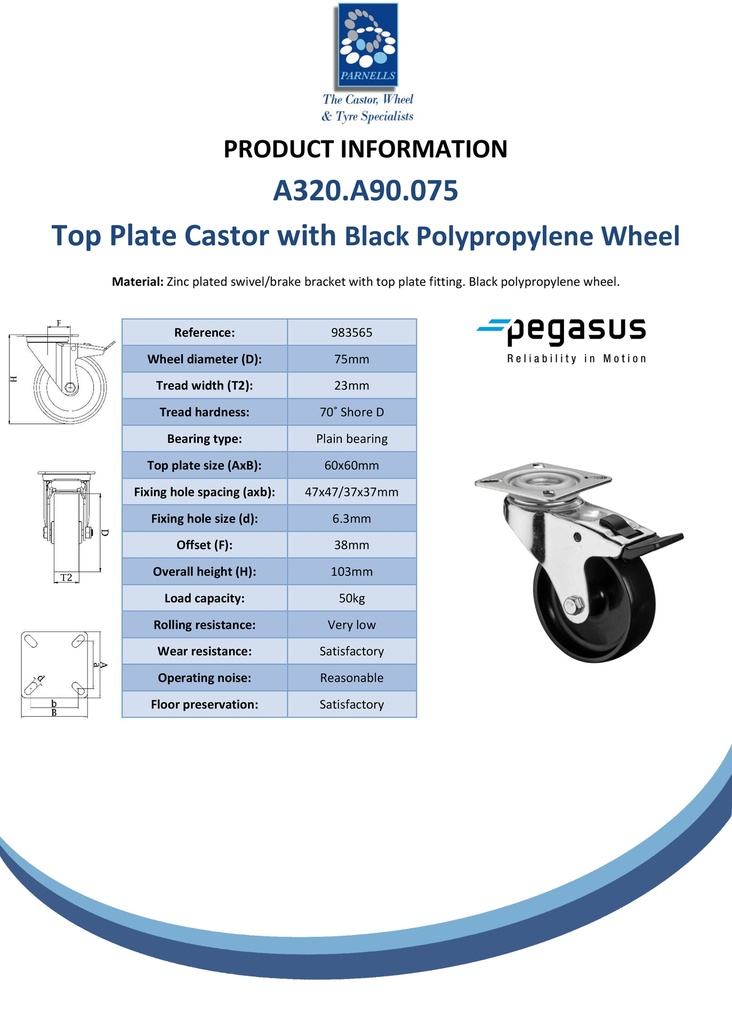 A320.A90.075 75mm swivel/brake top plate 60x60mm castor with black polypropylene plain bearing wheel 50kg - Spec sheet