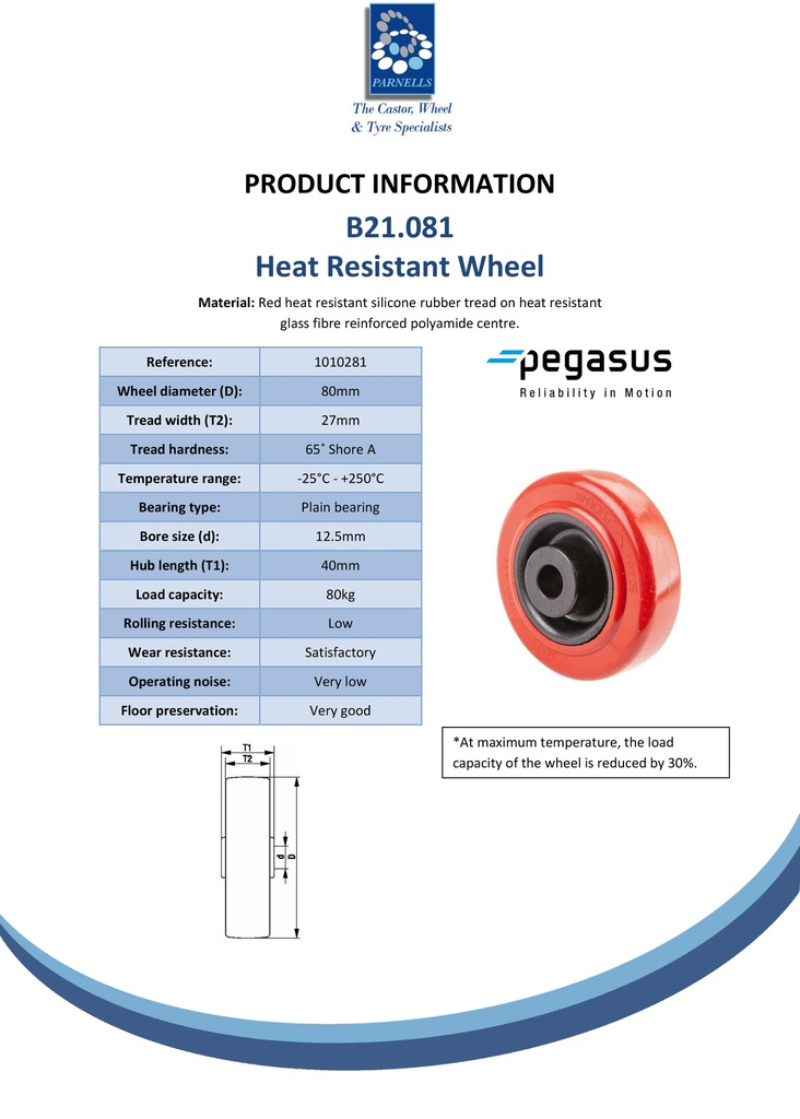 B21.081 Wheel series 80mm red heat resistant silicone rubber on fibre glass reinforced polyamide centre (-25°C - +250°C) 12mm bore hub length 40mm plain bearing 80kg - Spec sheet