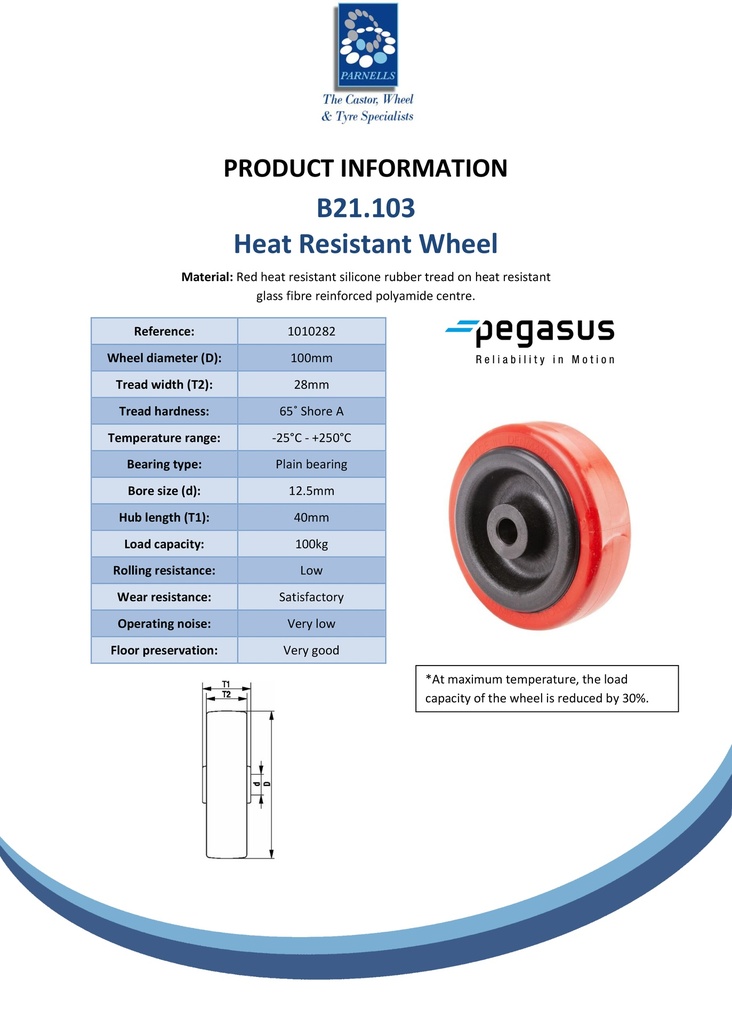 B21.103 Wheel series 100mm red heat resistant silicone rubber on fibre glass reinforced polyamide centre (-25°C - +250°C) 12mm bore hub length 40mm plain bearing 100kg - Spec sheet