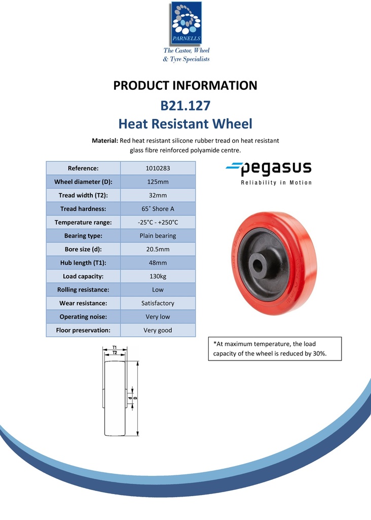 B21.127 Wheel series 125mm red heat resistant silicone rubber on fibre glass reinforced polyamide centre (-25°C - +250°C) 20mm bore hub length 48mm plain bearing 130kg - Spec sheet