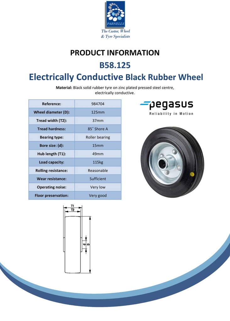 B58.125 Wheel series 125mm electrically conductive black rubber on zinc plated steel centre 15mm bore hub length 49mm roller bearing 115kg - Spec sheet