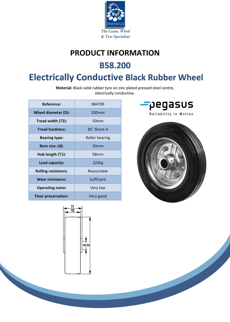B58.200 Wheel series 200mm electrically conductive black rubber on zinc plated steel centre 20mm bore hub length 58mm roller bearing 225kg - Spec sheet