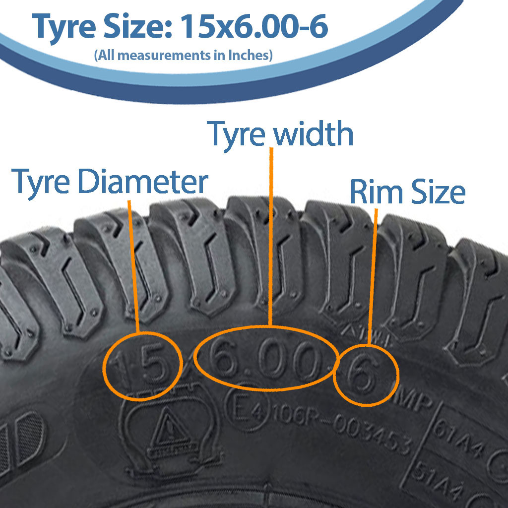 15x6.00-6 4pr Journey P332 grass tyre E-marked on steel rim 20mm ball bearing 65mm hub length, 259kg load capacity size with text