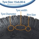 15x6.00-6 4pr Journey P332 grass tyre E-marked on steel rim 20mm ball bearing 65mm hub length, 259kg load capacity size with text