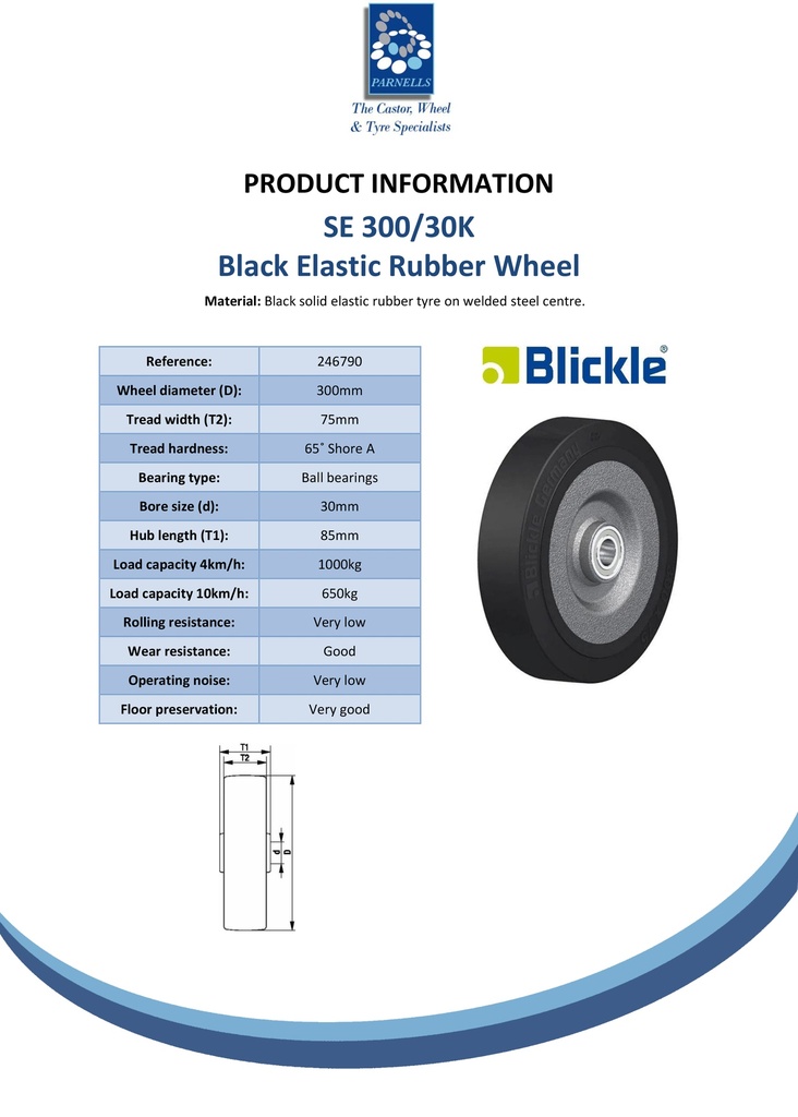 SE 300/30K Wheel series 300mm black elastic rubber on welded steel centre 30mm bore hub length 85mm ball bearings 1000kg - Spec sheet