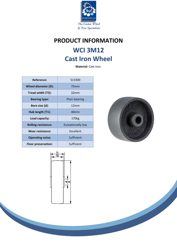 WCI 3M12 Wheel series 75mm cast iron 12mm bore hub length 40mm plain bearing 170kg - Spec sheet