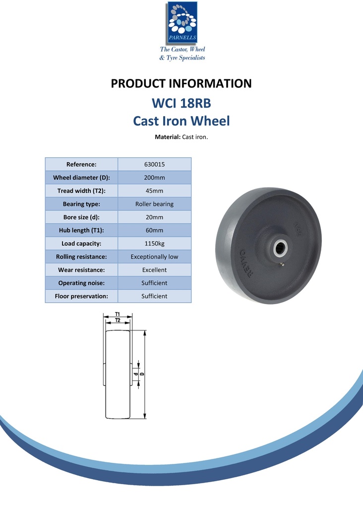 WCI18RB Wheel series 200mm cast iron 20mm bore hub length 60mm roller bearing (steel cage) 1150kg - Spec sheet