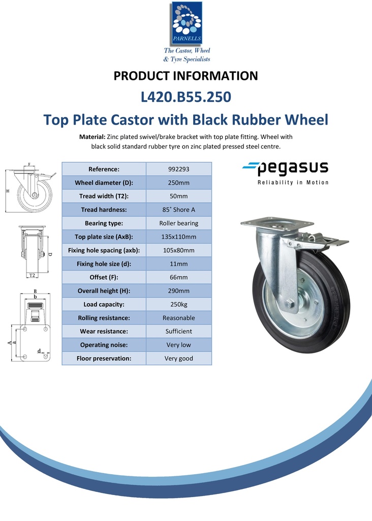 L420.B55.250, 250mm swivel/brake top plate 135x110mm castor with black rubber on pressed steel centre roller bearing wheel 250kg - Spec sheet