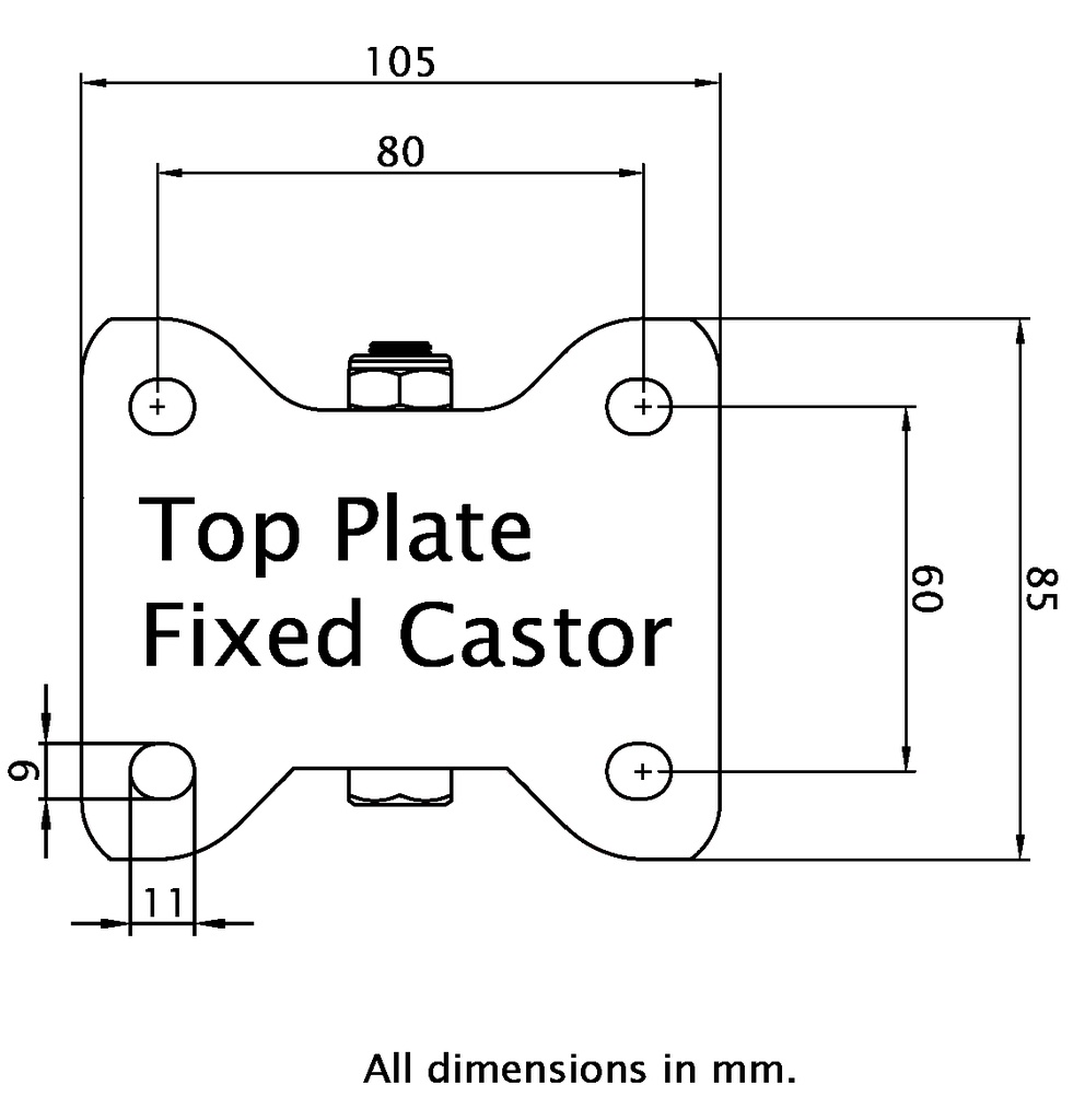 LB510.B90.125, 125mm fixed top plate 105x85mm castor with brown polyurethane on aluminium centre ball bearing wheel 300kg - Plate dimensions