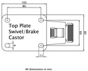 LB520.B90.125, 125mm swivel/brake top plate 105x85mm castor with brown polyurethane on aluminium centre ball bearing wheel 300kg - Plate dimensions