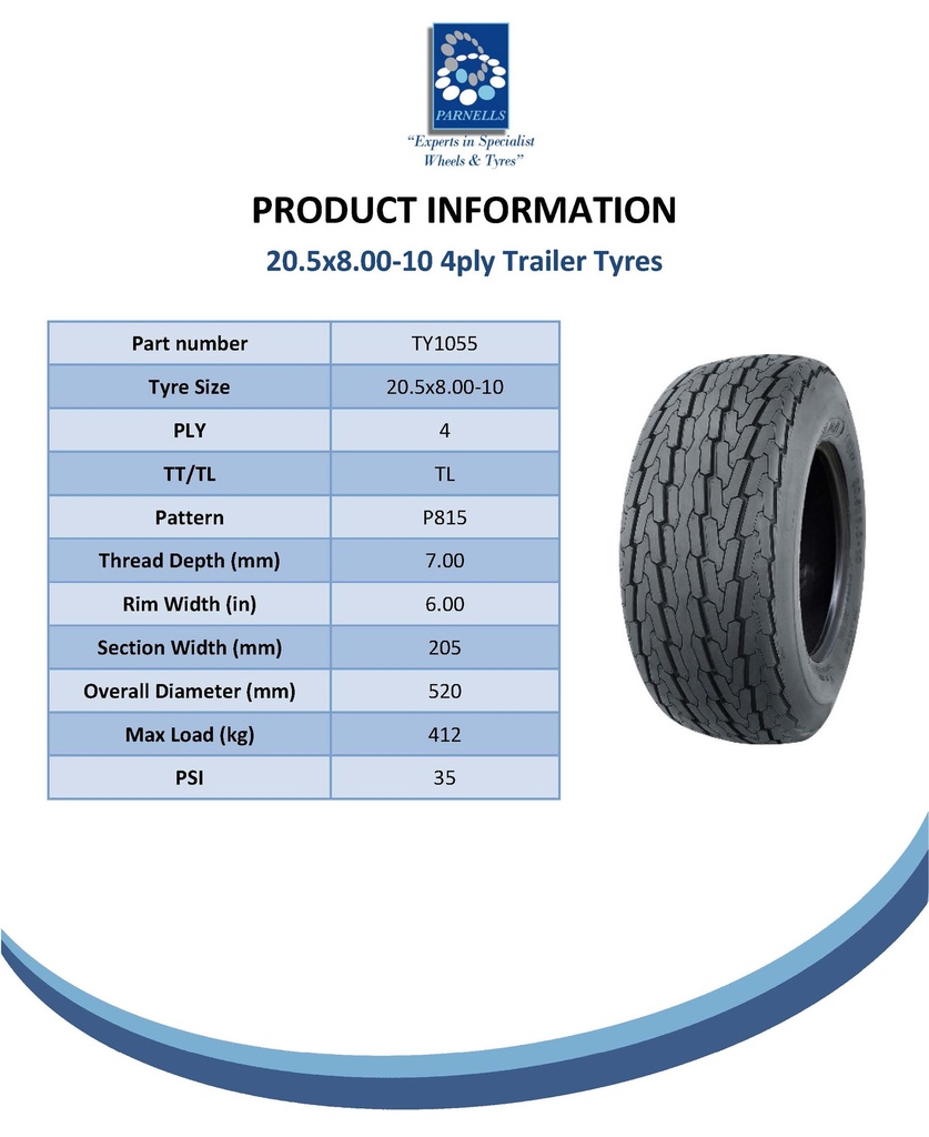 20.5x8.00-10 trailer tyre spec sheet