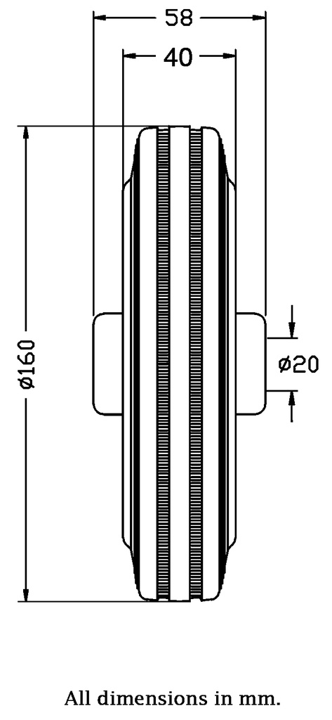 160mm black rubber on pressed steel centre 20mm bore hub length 58mm roller bearing 150kg - Wheel dimensions