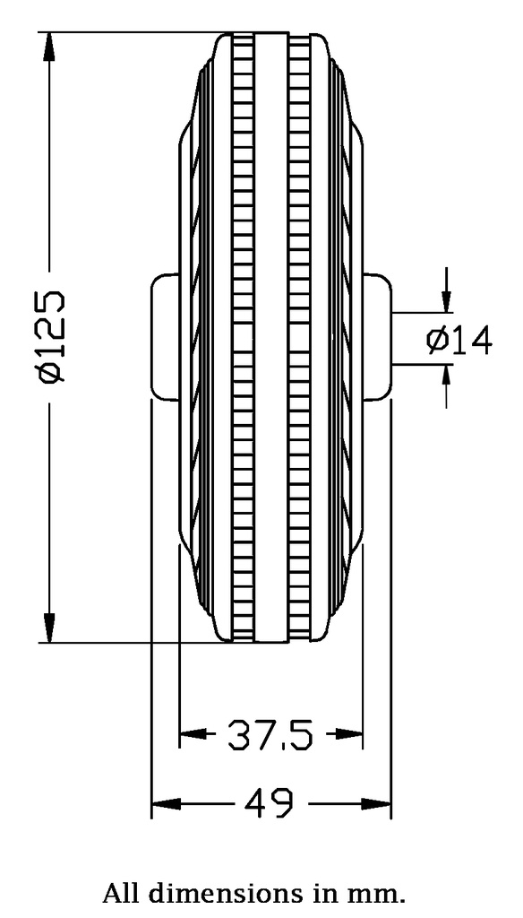 125mm black rubber on pressed steel centre 14mm bore hub length 49mm roller bearing 120kg - Wheel dimensions