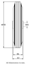250mm black rubber on pressed steel centre 20mm bore hub length 57mm roller bearing 210kg - Dimensional guide