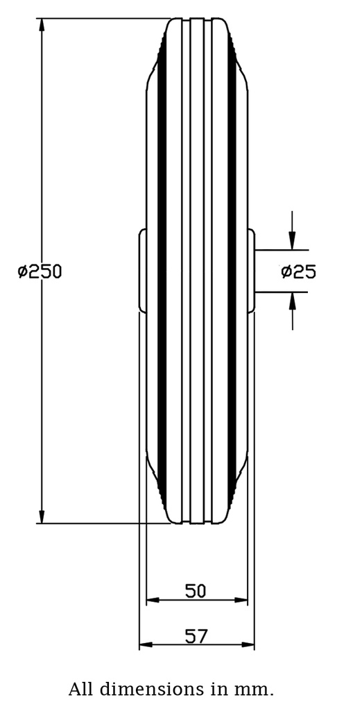 250mm black rubber on pressed steel centre 25mm bore hub length 57mm roller bearing 210kg - Dimensional guide