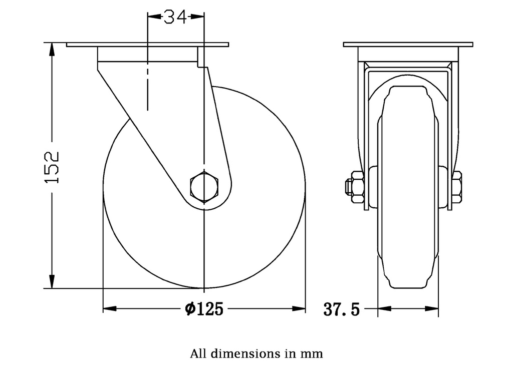300 series 125mm swivel top plate 100x80mm castor with black rubber on pressed steel centre roller bearing wheel 120kg - Castor dimensions