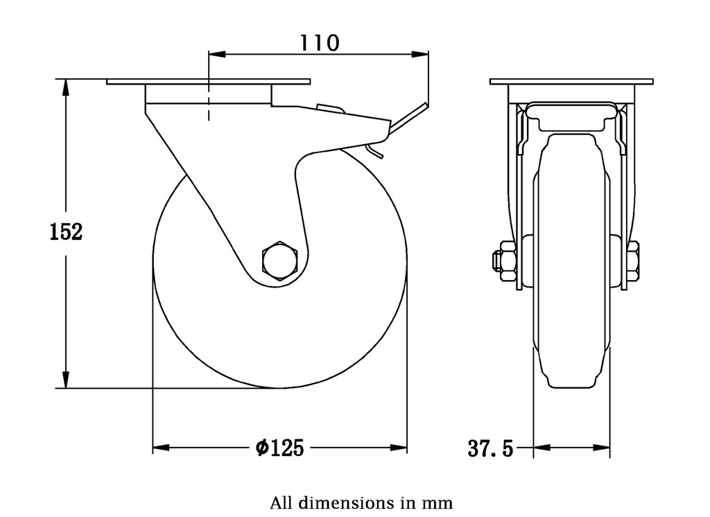 300 series 125mm swivel/brake top plate 100x80mm castor with black rubber on pressed steel centre roller bearing wheel 120kg - Castor dimensions