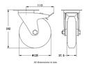 300 series 125mm swivel/brake top plate 100x80mm castor with black rubber on pressed steel centre roller bearing wheel 120kg - Castor dimensions