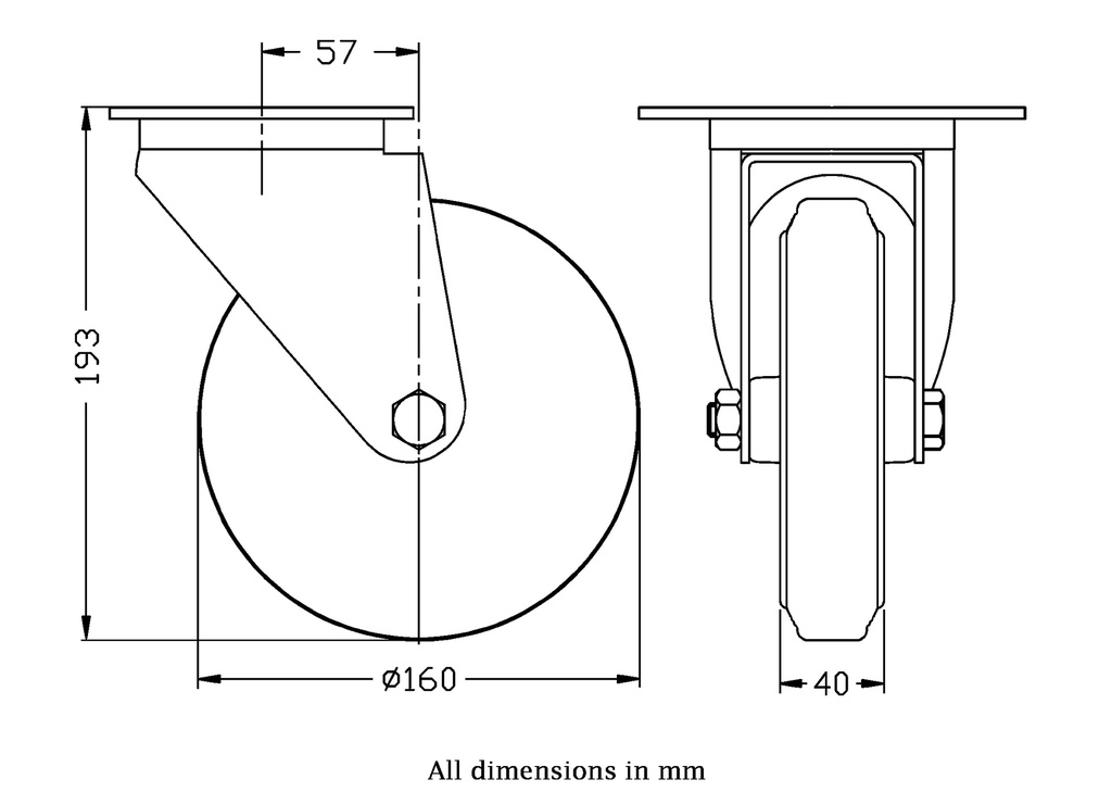 300 series 160mm swivel top plate 140x110mm castor with black rubber on pressed steel centre roller bearing wheel 150kg - Castor dimensions