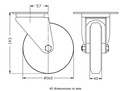 300 series 160mm swivel top plate 140x110mm castor with black rubber on pressed steel centre roller bearing wheel 150kg - Castor dimensions