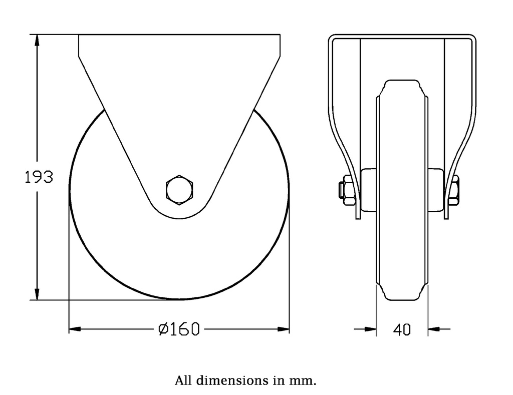 300 series 160mm fixed top plate 146x107mm castor with black rubber on pressed steel centre roller bearing wheel 150kg - Castor dimensions