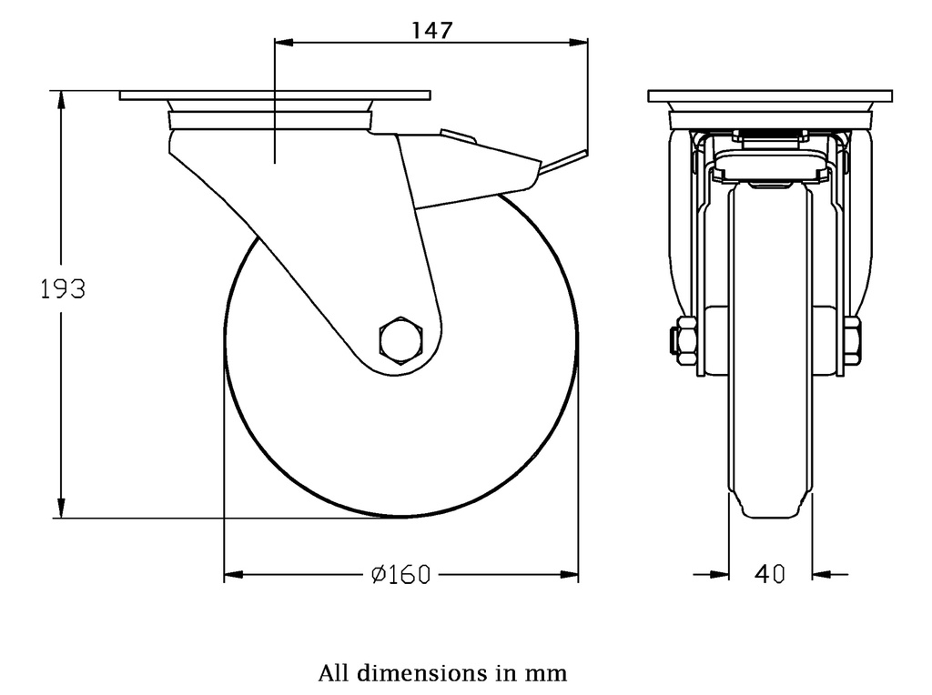 300 series 160mm swivel/brake top plate 140x110mm castor with black rubber on pressed steel centre roller bearing wheel 150kg - Castor dimensions
