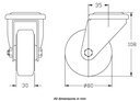 300 series 80mm swivel bolt hole 10,5mm castor with black rubber on pressed steel centre roller bearing wheel 70kg - Castor dimensions