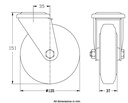 300 series 125mm swivel bolt hole 10,5mm castor with black rubber on pressed steel centre roller bearing wheel 120kg - Castor dimensions