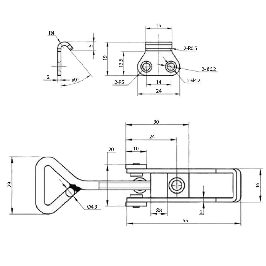 Small over-centre catch with receiver - Stainless - Drawing with Dimensions