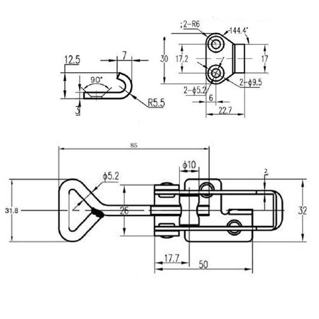 Medium over-centre catch with receiver - Stainless Drawing with Dimensions