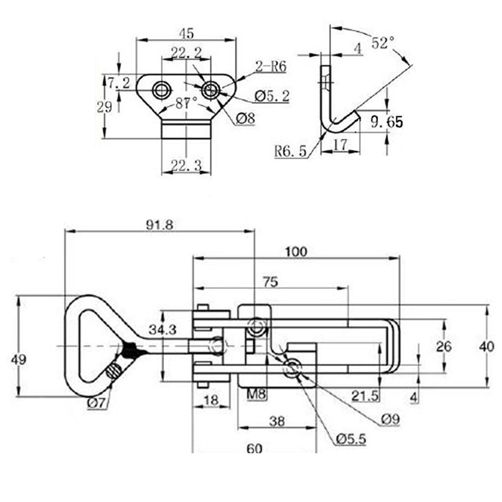 Large over-centre catch with receiver - Stainless Drawing with Dimensions