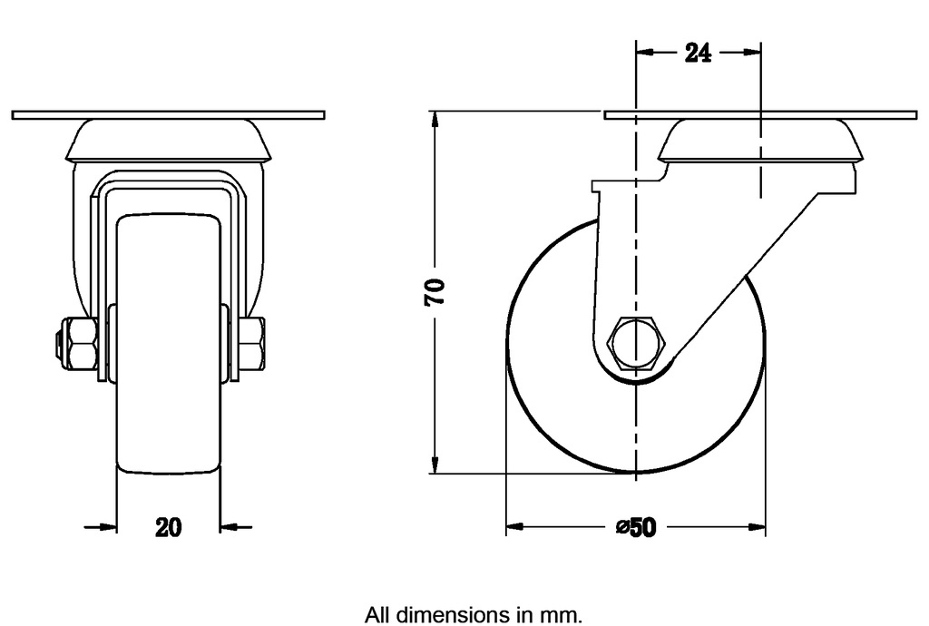 100 series 50mm swivel top plate 60x60mm castor with grey TPR-rubber on polypropylene centre plain bearing wheel 40kg - Castor dimensions