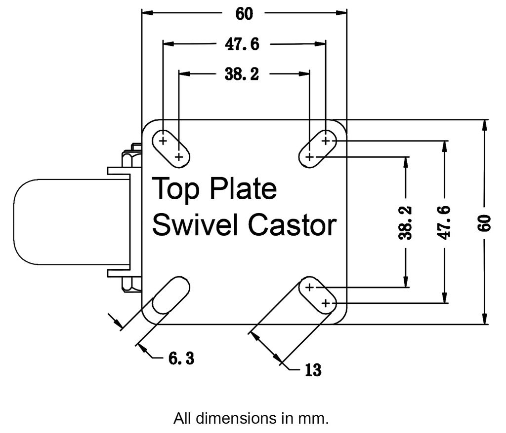 100 series 50mm swivel top plate 60x60mm - Plate dimensions