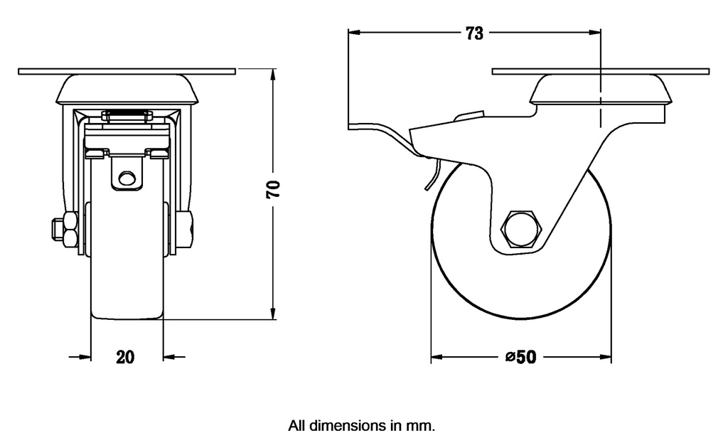 100 series 50mm swivel/brake top plate 60x60mm castor with grey TPR-rubber on polypropylene centre plain bearing wheel 40kg - Castor dimensions
