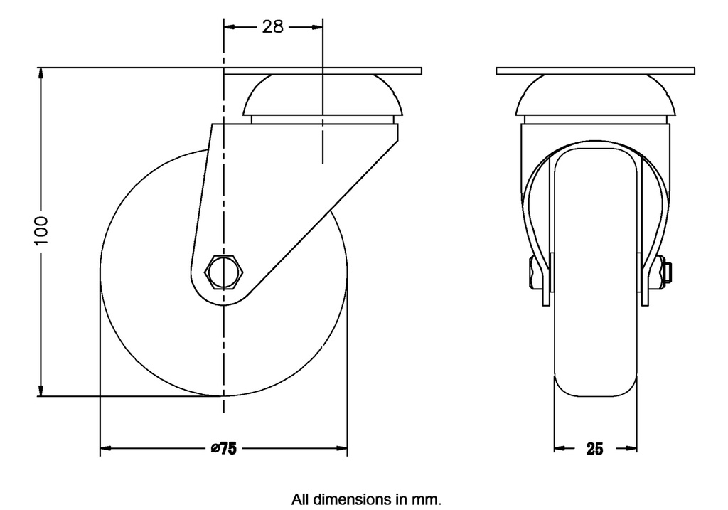 100 series 75mm swivel top plate 60x60mm castor with grey TPR-rubber on polypropylene centre plain bearing wheel 60kg - Castor dimensions