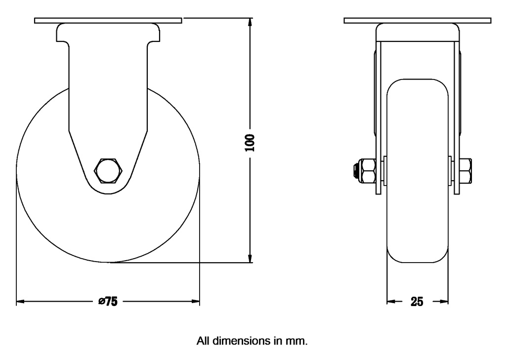 100 series 75mm fixed top plate 60x60mm castor with grey TPR-rubber on polypropylene centre plain bearing wheel 60kg - Castor dimensions