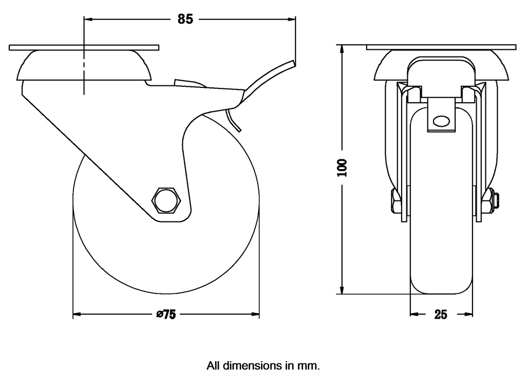 100 series 75mm swivel/brake top plate 60x60mm castor with grey TPR-rubber on polypropylene centre plain bearing wheel 60kg - Castor dimensions