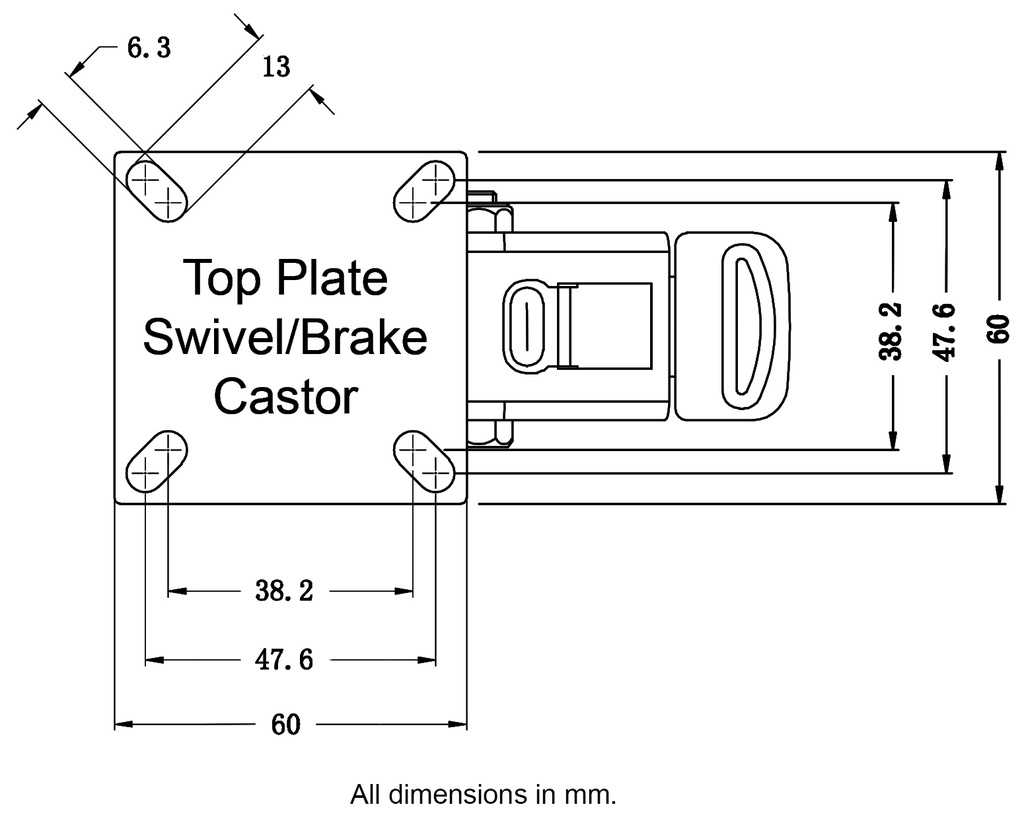 100 series 75mm swivel/brake top plate 60x60mm - Plate dimensions