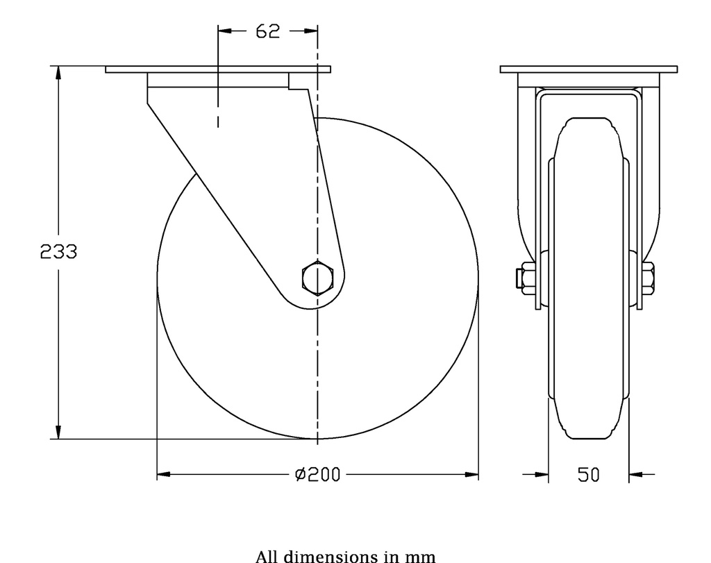300 series 200mm swivel top plate 140x110mm castor with black rubber on pressed steel centre roller bearing wheel 200kg - Castor dimensions
