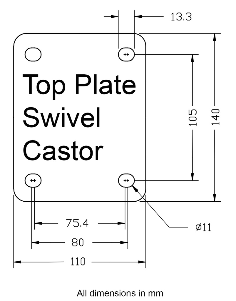 300 series 200mm swivel top plate 140x110mm - Dimensional guide