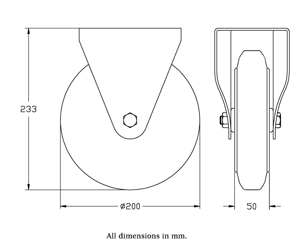 300 series 200mm fixed top plate 146x107mm castor with black rubber on pressed steel centre roller bearing wheel 200kg - Castor dimensions
