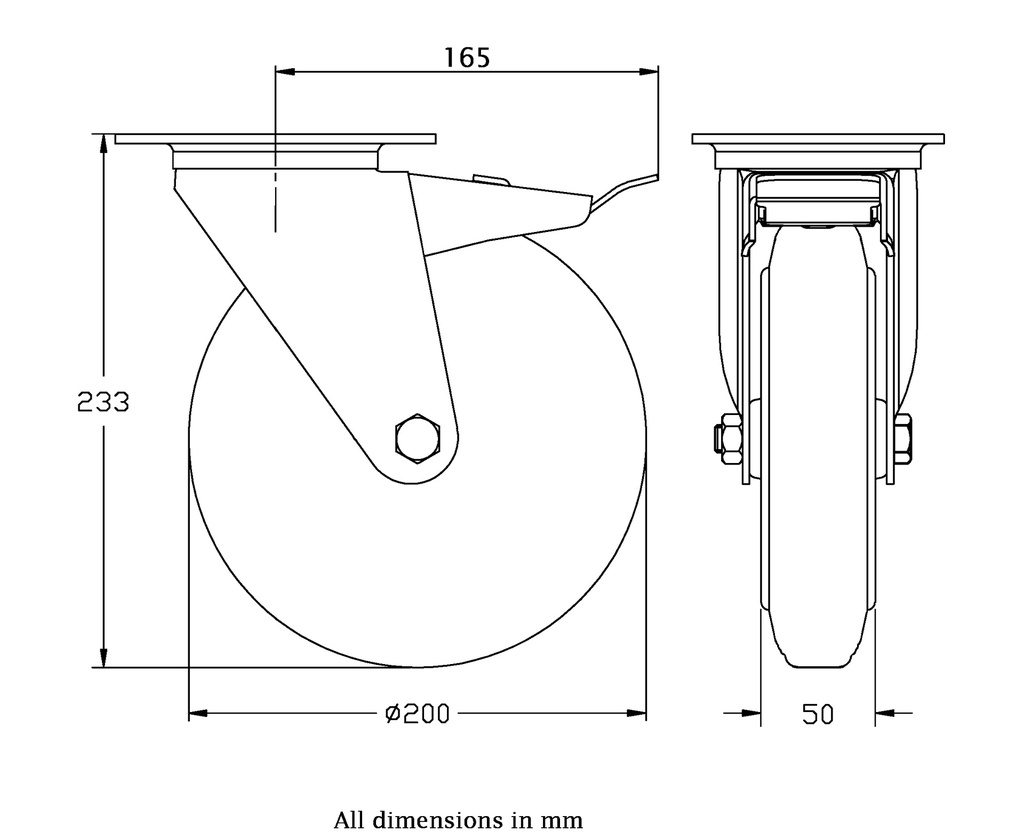 300 series 200mm swivel/brake top plate 140x110mm castor with black rubber on pressed steel centre roller bearing wheel 200kg - Castor dimensions