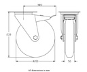 300 series 200mm swivel/brake top plate 140x110mm castor with black rubber on pressed steel centre roller bearing wheel 200kg - Castor dimensions