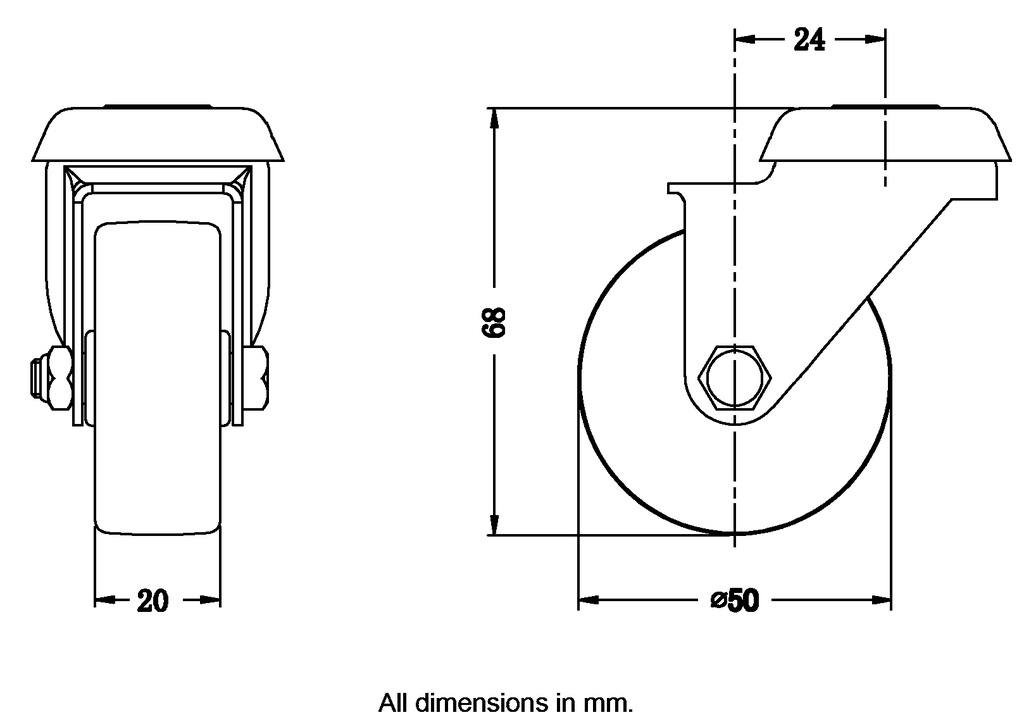 100 series 50mm swivel bolt hole 10mm castor with grey TPR-rubber on polypropylene centre plain bearing wheel 40kg - Castor dimensions