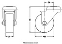 100 series 50mm swivel bolt hole 10mm castor with grey TPR-rubber on polypropylene centre plain bearing wheel 40kg - Castor dimensions