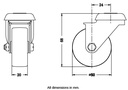 100 series 50mm swivel bolt hole 10mm castor with grey TPR-rubber on polypropylene centre plain bearing wheel 40kg - Castor dimensions