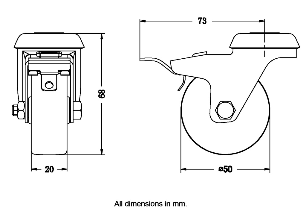 100 series 50mm swivel/brake bolt hole 10mm castor with grey TPR-rubber on polypropylene centre plain bearing wheel 40kg - Castor dimensions